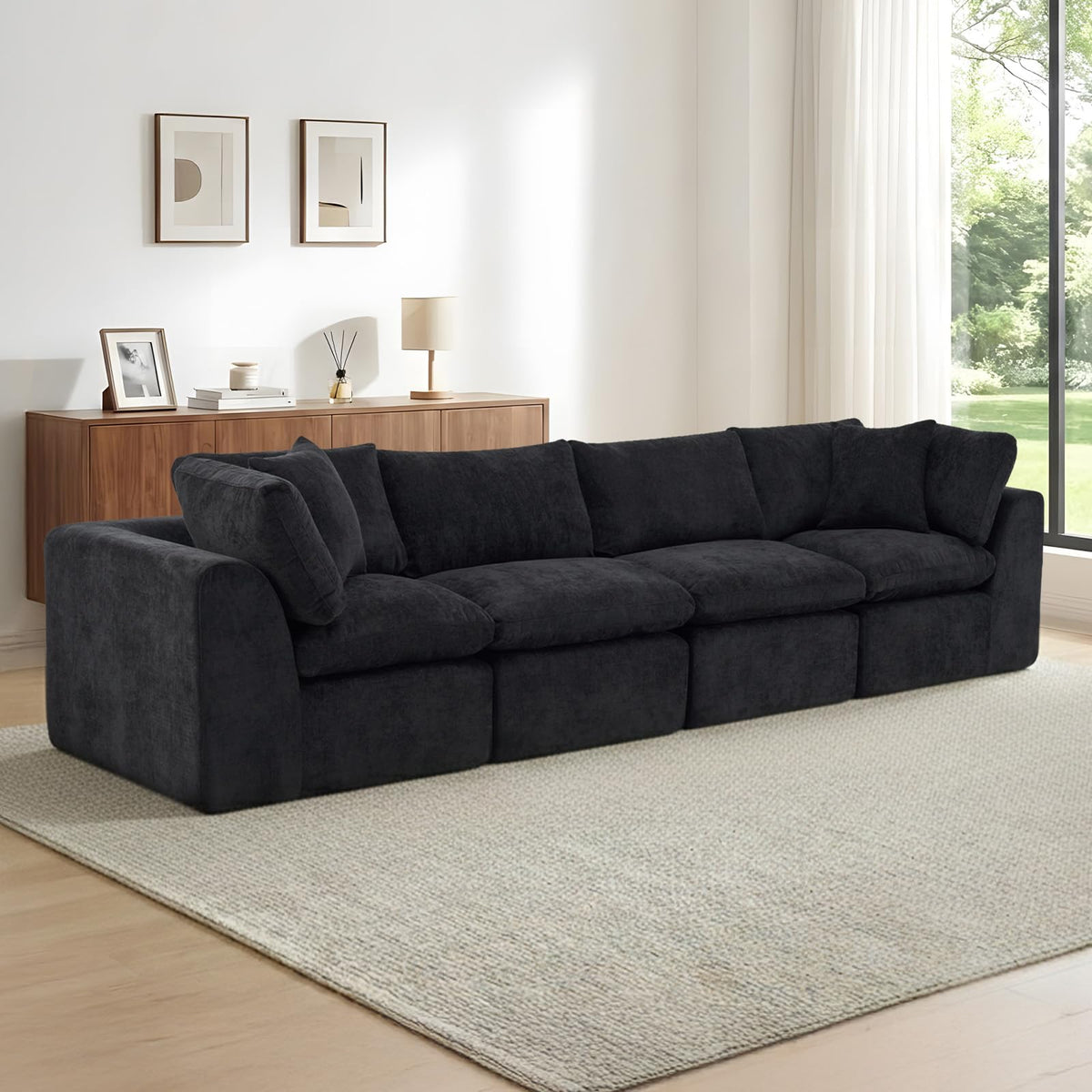 110" Beige Boneless Sectional Couch with Ottoman