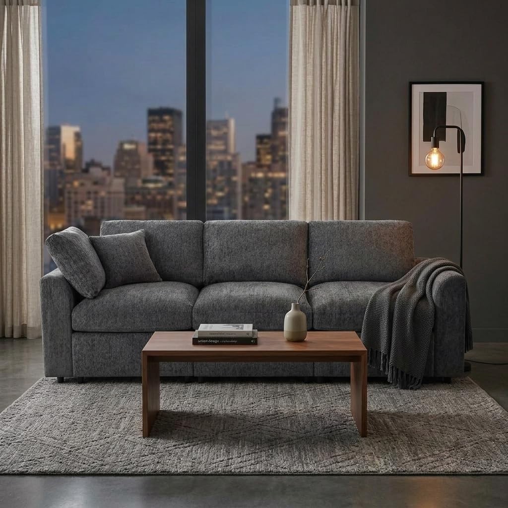 U-Style 101.57" Modern 3-Seater Sofa, Chenille Upholstered Couch with Solid