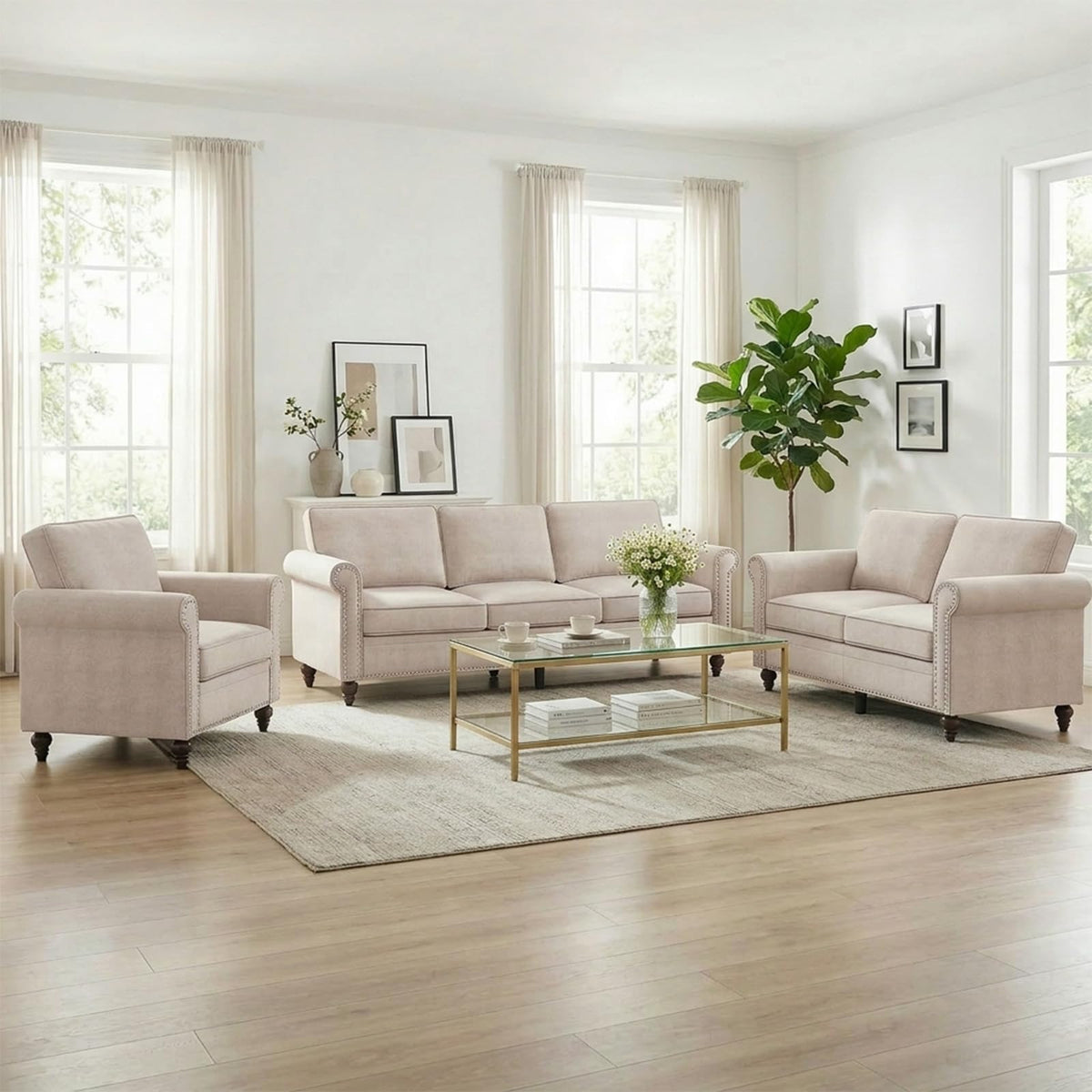 Living Room Sofa Sets 3 Piece, Modern 3 Seater Sofa and Loveseat Couch and Armchair Sets, Linen Fabric 3-Seat + 2-Seat Couch+ Single Accent Chair Furniture Sets