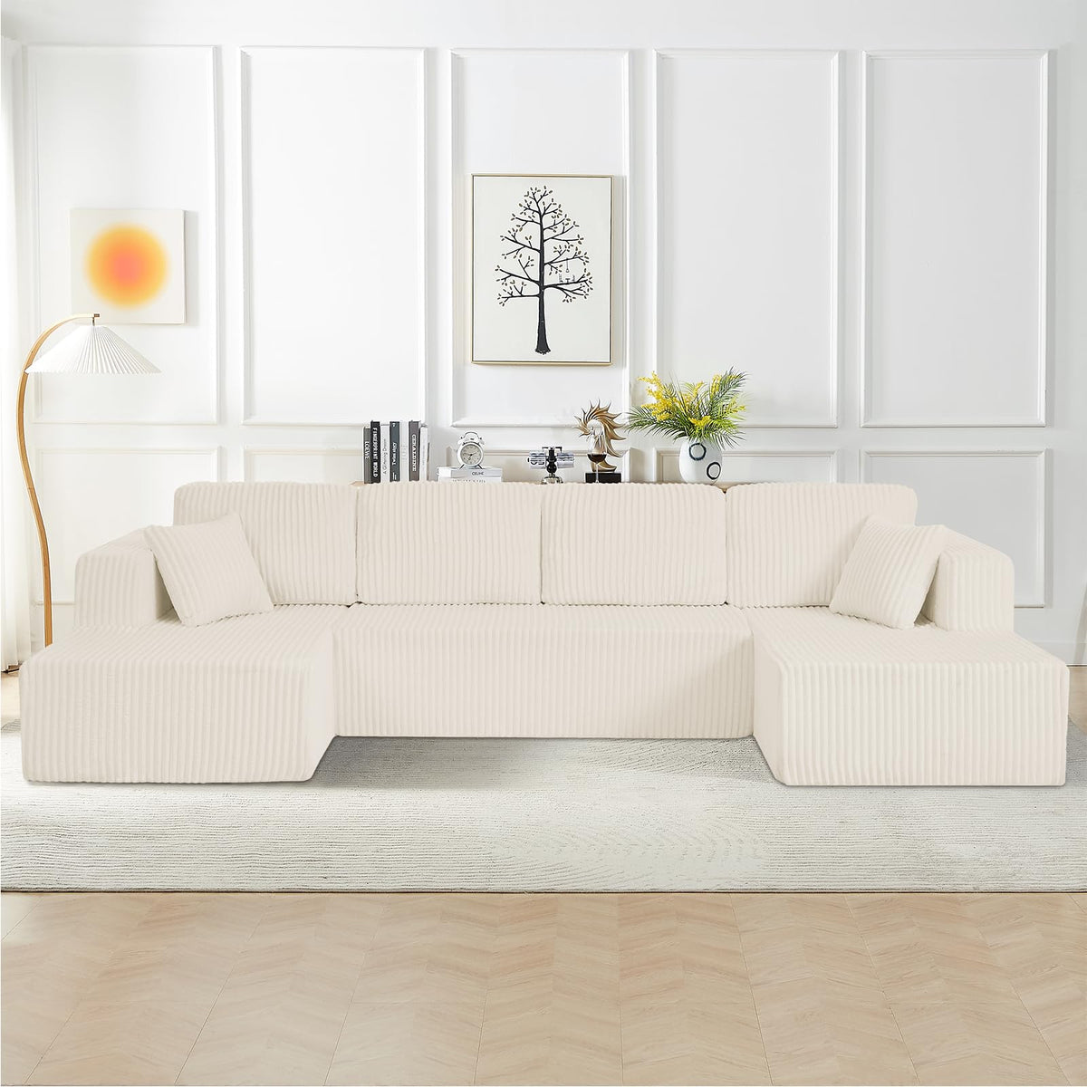 134 Inch Cloud Sectional Couch with L-Shape Chaise,Modern Upholstered Couches with Deep Seat,Corduroy Sponge Compressed Sofa for Living Room, Bedroom,No Assembly Required (Dark Gray, U-Shaped Sofa)