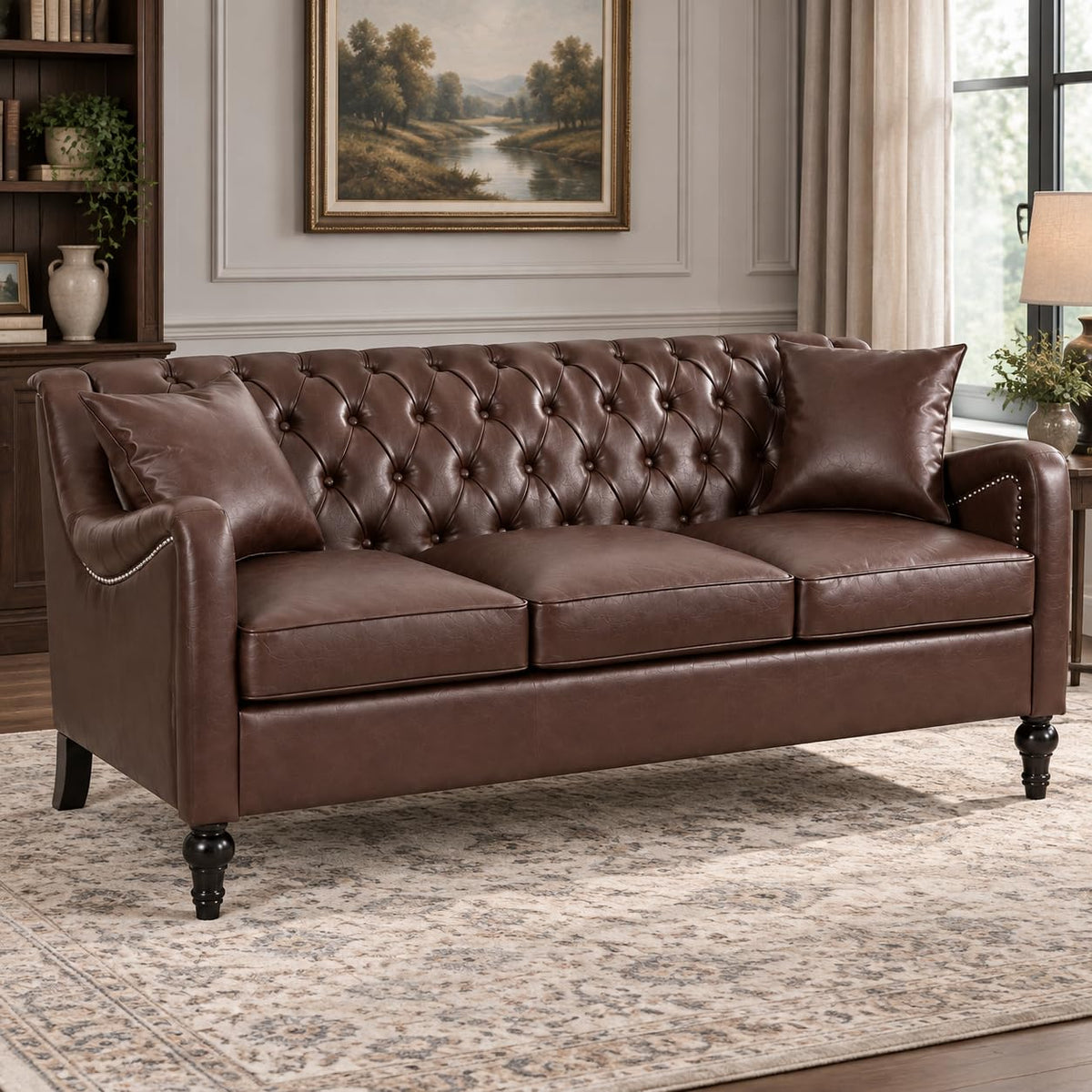 103" PU Leather Chesterfield L Shaped Sectional Sofa Couch, Dark Brown