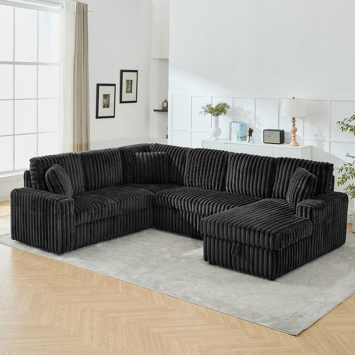 122 Inch Oversized U-Shaped Corduroy Sectional Sleeper Sofa with Pull Out Bed, Fluffy Plush Convertible Couch Bed with Storage Chaise for Living Room, Black