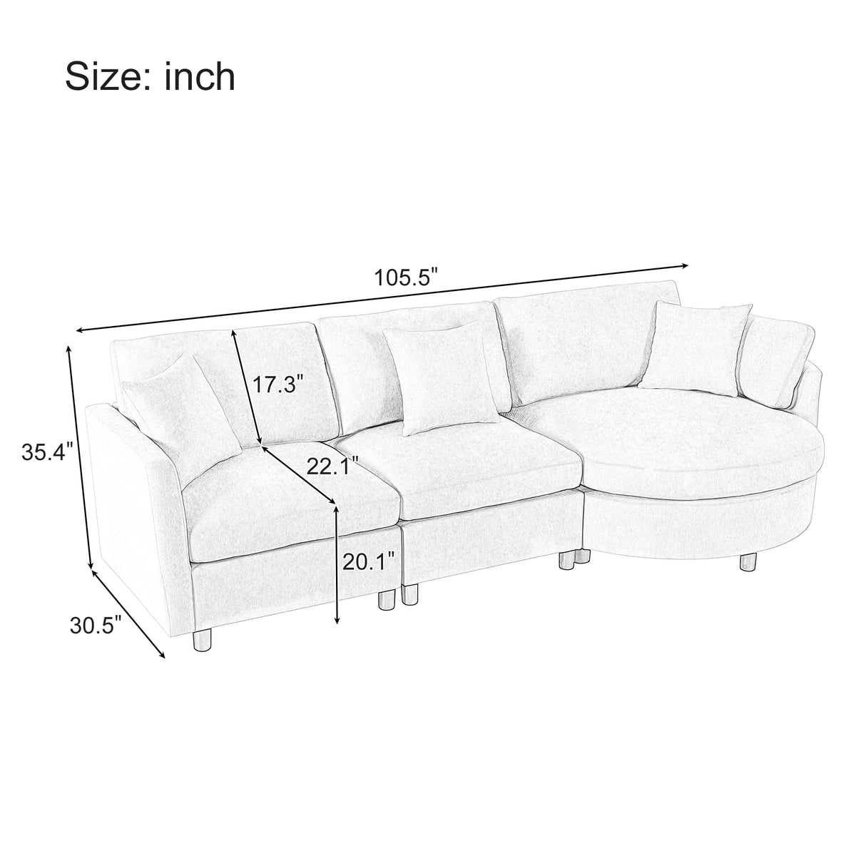 105" Chenille Fabric 3 Sectional Sofa with Curved Chaise and 3 Throw Pillows Perfect for Living Rooms, Offices, and Apartments
