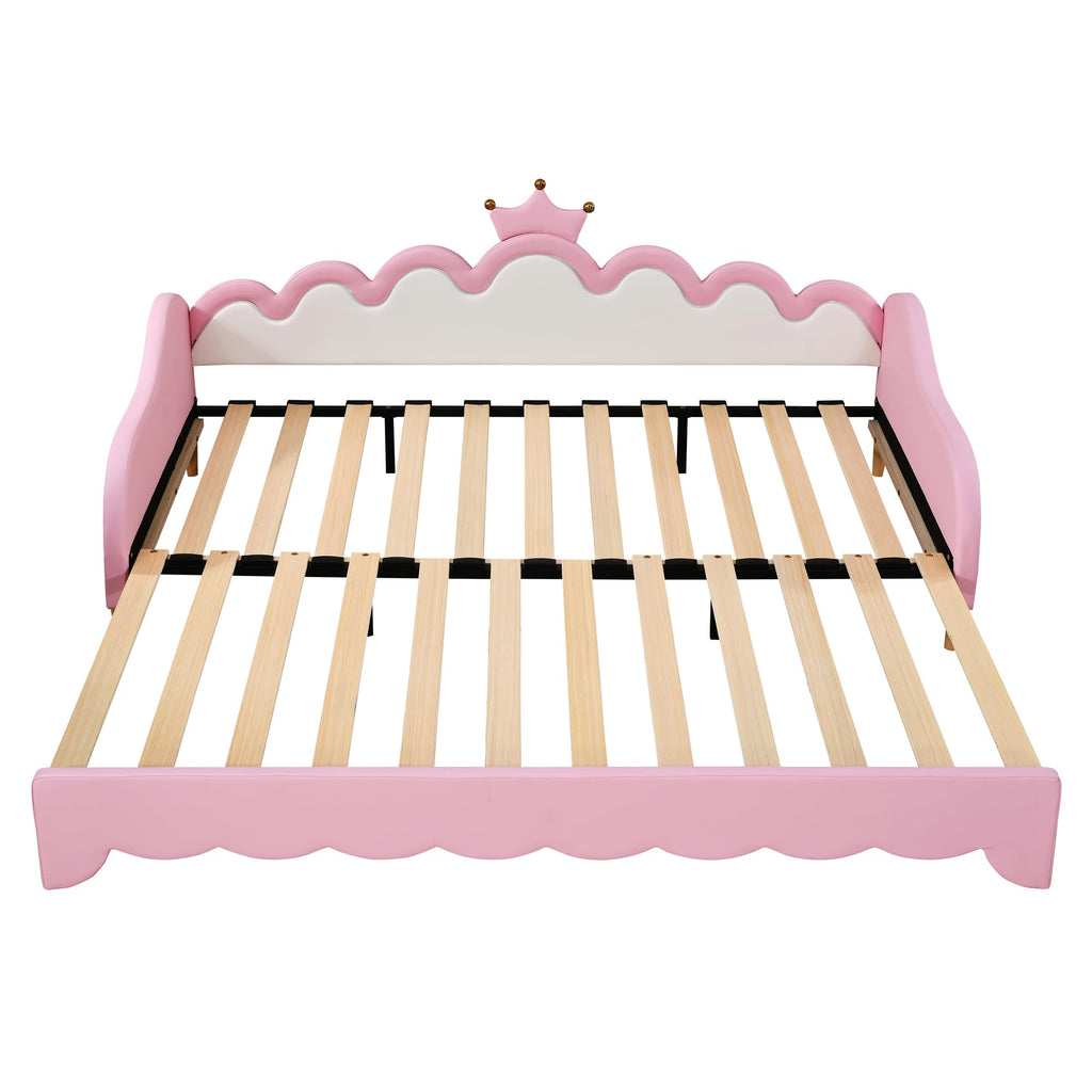 Twin Extending Daybed with LED Lights, Upholstered Princess Daybed with Crown Headboard,Pink