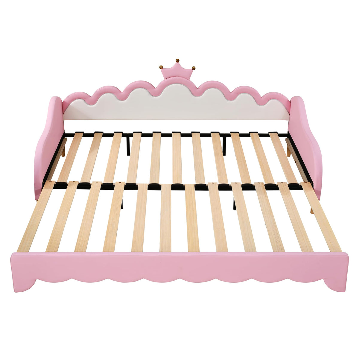 Twin Extending Daybed with LED Lights, Upholstered Princess Daybed with Crown Headboard,Pink
