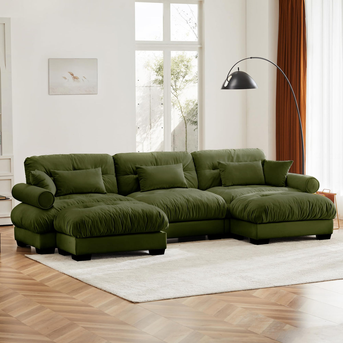 130" Modular Sectional Sofa,Velvet Upholstered Couches for Living Room,3 Seater Green Sofa Couch with Movable Ottoman,Big Comfy Loveseat Sofa with Deep Seats for Living Room,Apartment,Bedroom