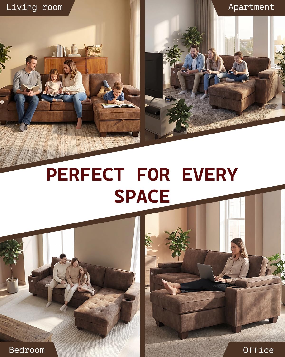 100" L Shaped Sectional Sofa with Hidden Armrest Storage, USB & Type-C Charging Ports, 4-Position Adjustable Armrests, Built-in Cup Holders, Upholstered Couch for Living Room, Brown