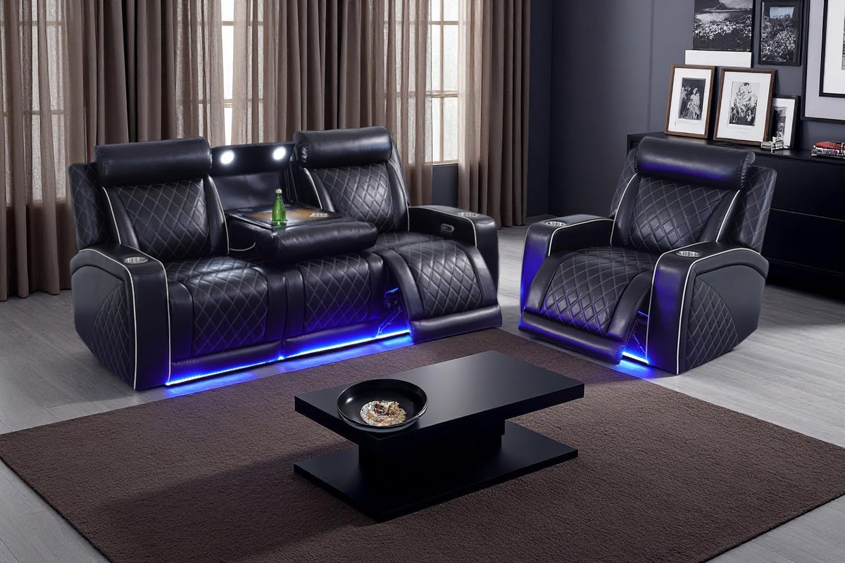 A Ainehome Power Leather Recliner Sofa Set with LED Lights, Recliner Sofa Sectional Couches for Living Room, Reclining Sofa, loveseat, Chair with USB Port/Storage Console/Cup Holder(black,3-piece set)