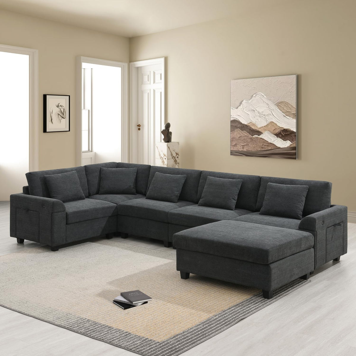 128 67" U Shaped Sectional Sofa Chenille Black Versatile Combination Options Living Room Apartment Modern