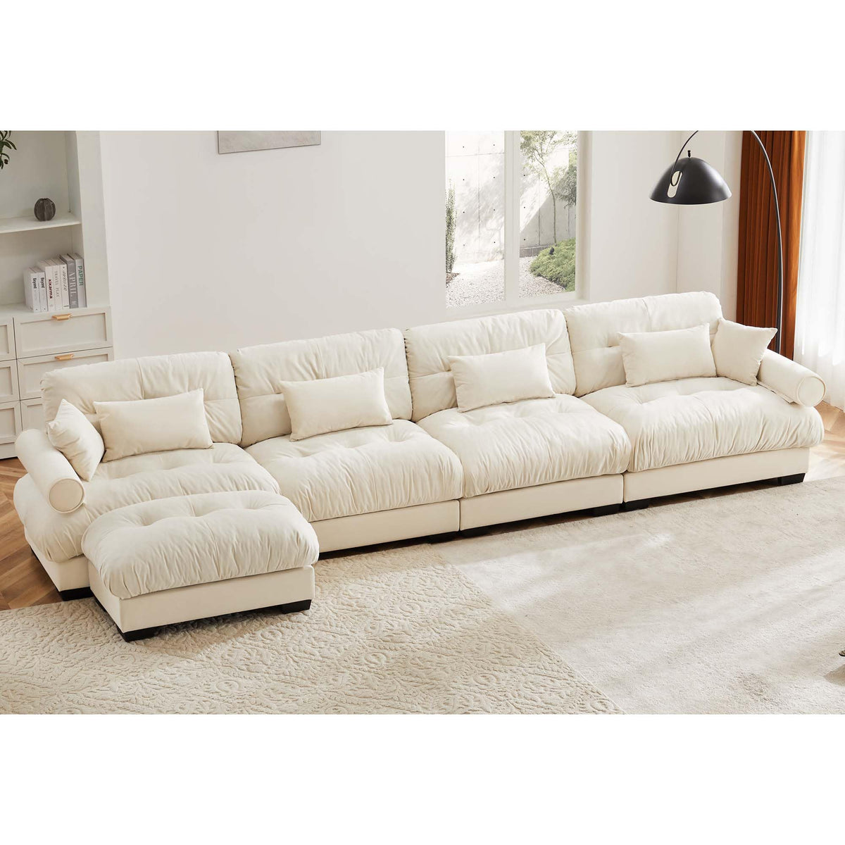 130" Modular Sectional Sofa,Velvet Upholstered Couches for Living Room,3 Seater Green Sofa Couch with Movable Ottoman,Big Comfy Loveseat Sofa with Deep Seats for Living Room,Apartment,Bedroom