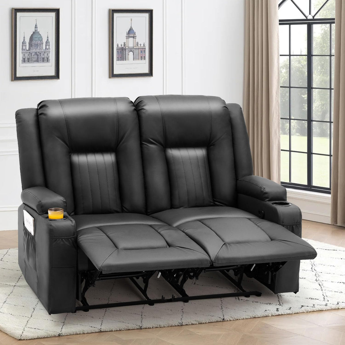 YODOLLA Reclining Loveseat Sofa with Dual Center Console, 4 Cup Holders, 2 Side Pockets, Manual Wall Hugger Recliner Couch for RV and Living Room, Faux Leather Brown