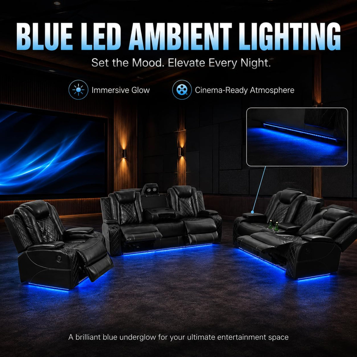 Three people Power Recliner Sofa Breathing Leather with USB Ports,LED Black