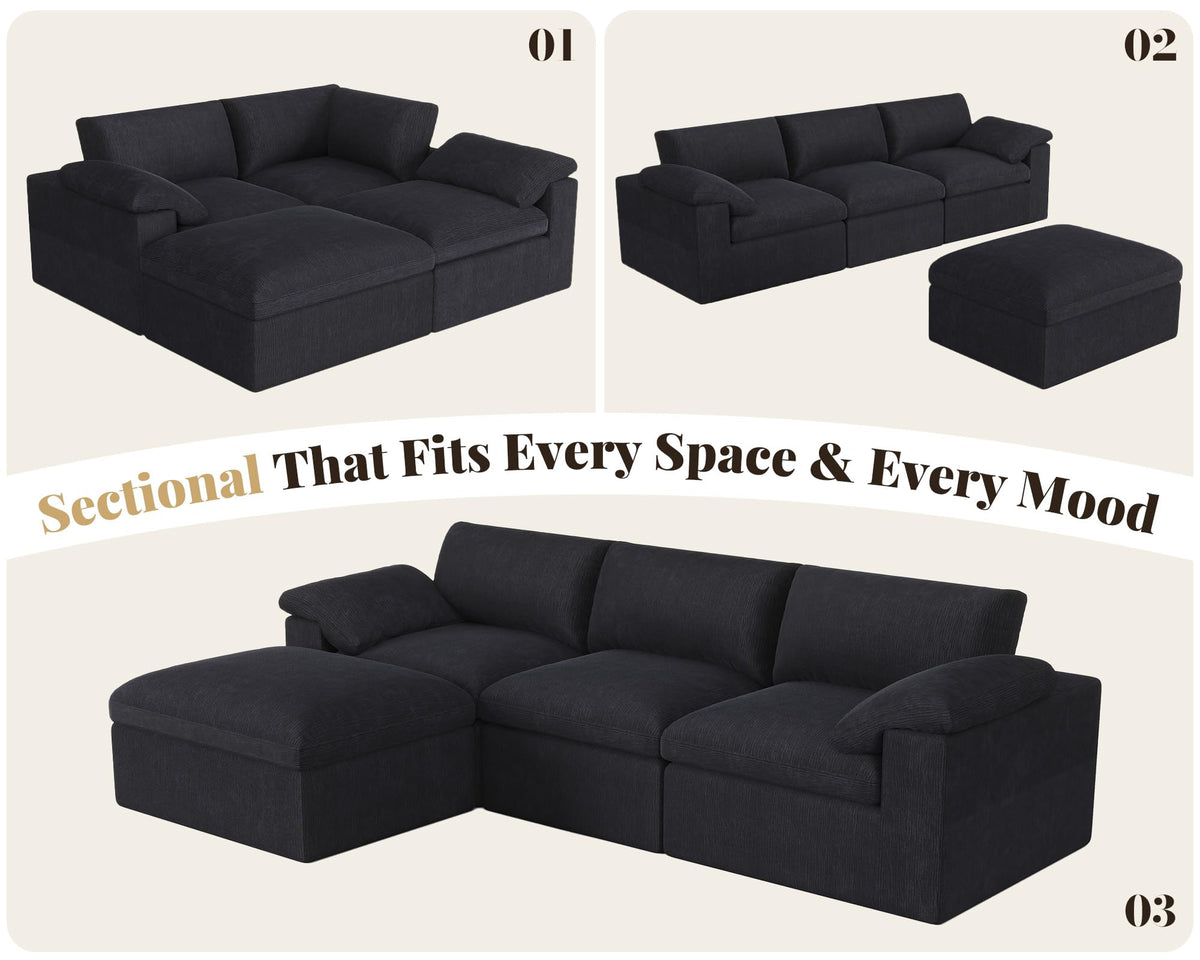 120" Cloud Modular Sectional Sofa, No-Assembly Chenille Couch, Black