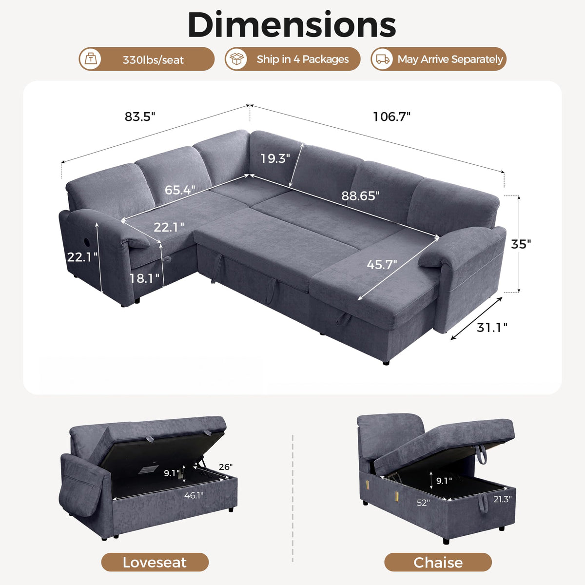Tbfit 107" U-Shaped Sectional Sleeper Sofa, 7-Seat Sofa with USB & Storage Chaise for Family Rooms, Gray