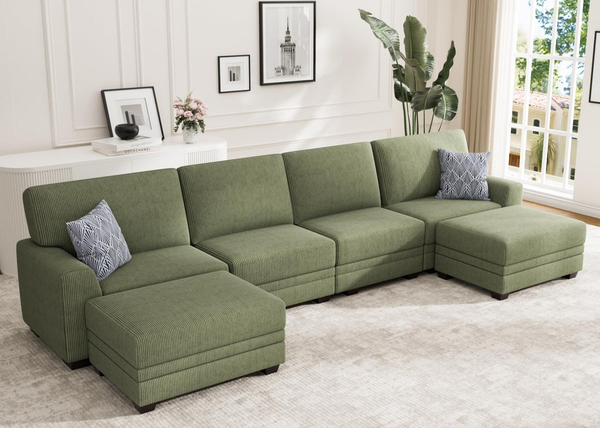Wanderwell Oversized Modular Sectional Sofa, 6-Seater U Shaped Couches with Movable Ottoman,Corduroy Sectional Couch with Wide and Deep Seats Suitable for Living Room,Bedroom,Apartment (Olive, L-7)