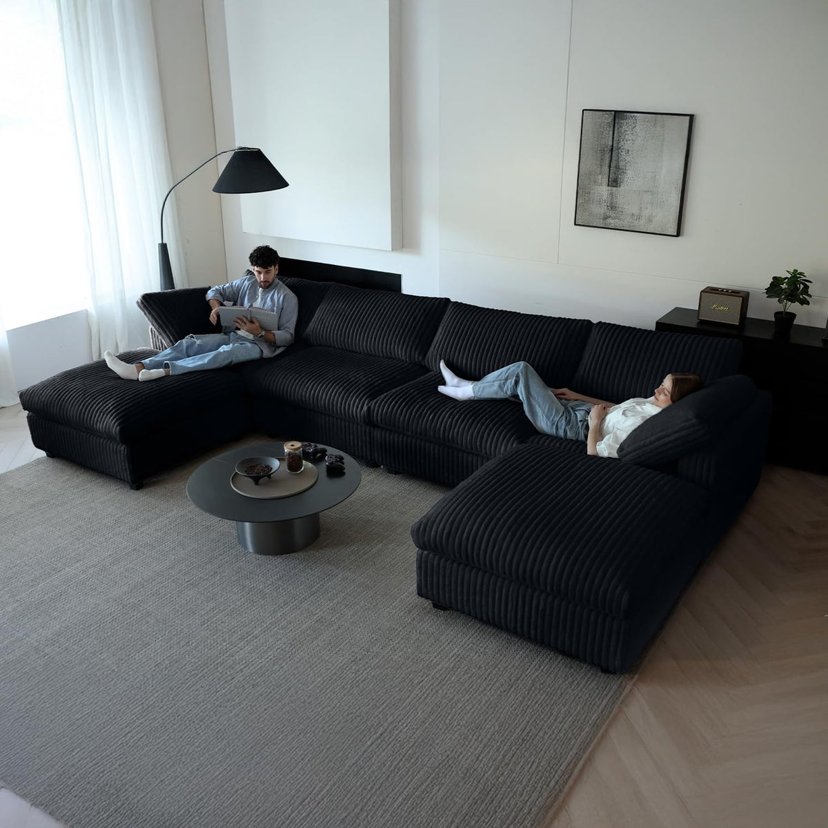 WJShome Cloud Couch Modular Sectional Sofa,118" Oversized V Shaped Sofa with Storage Ottoman for Living Room,Plush 6 Seater Convertible Sectional Couch,Covers Washable&Replaceable,Black