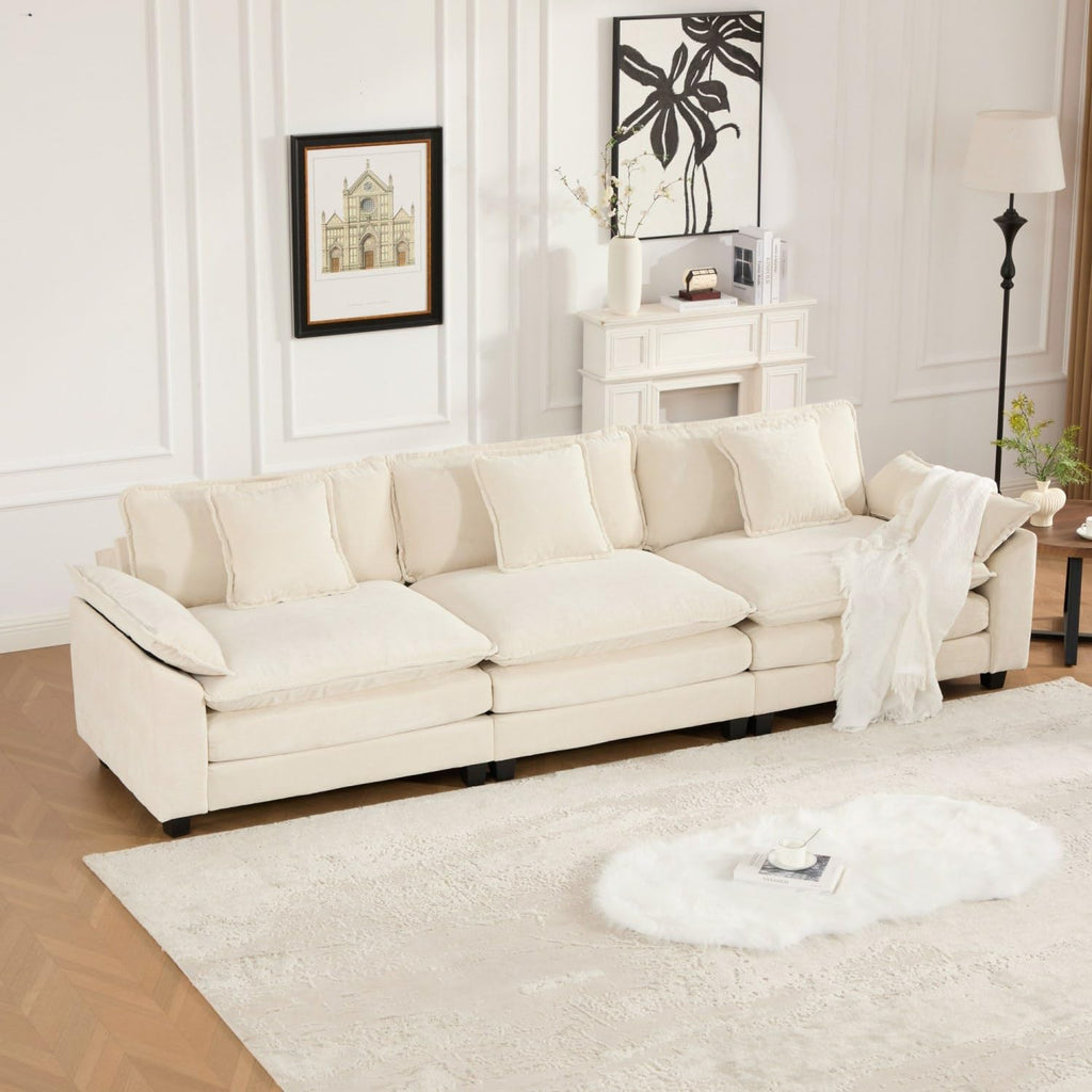 Wider Armrest 3 Seats Modern Sectional Couch Beige Chenille Cloud Couch Comfort Living Room Bedroom Apartment Comfortable Modular Sofa