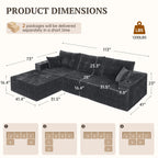 113" Boneless Modular Sectional Sofa, L-Shape Couch, 4-Seat Gray Corduroy