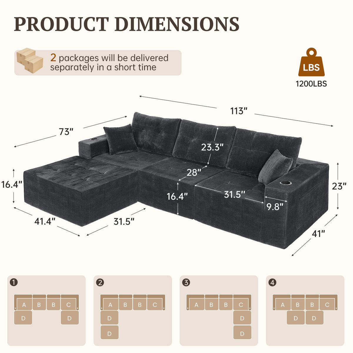 113" Boneless Modular Sectional Sofa, L-Shape Couch, 4-Seat Gray Corduroy