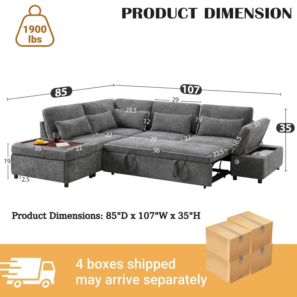 107" Modular Sectional Sleeper Sofa with Pull Out Bed, Oversized L-Shape Couch with USB Charger, Storage Ottoman & Adjustable Armrest, Chenille Sectional Couches for Living Room, Grey