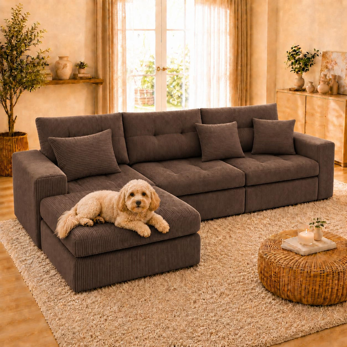 113.4 in Modular Corduroy Sectional Sofa, Green