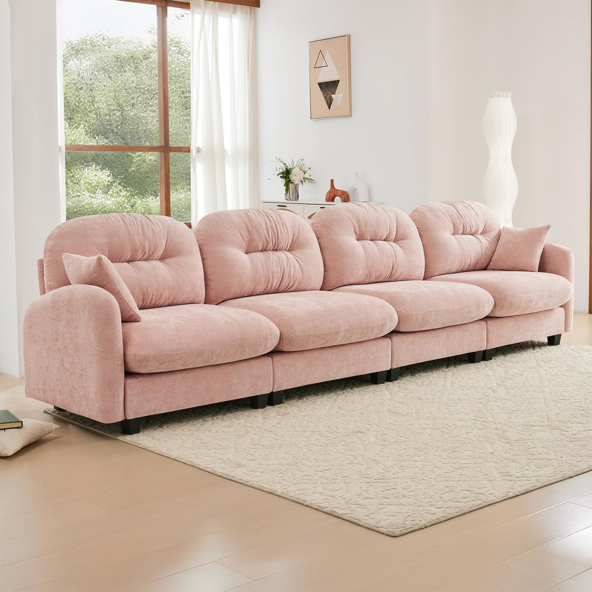 107" L Shaped Couch, Chenille Upholstered Modular Sectional Sofa, 3 Seater Deep Seat Sofa with Movable Ottoman, Modern Cloud Couch with Thick Seat Cushion, Sectional Couches for Living Room, Pink