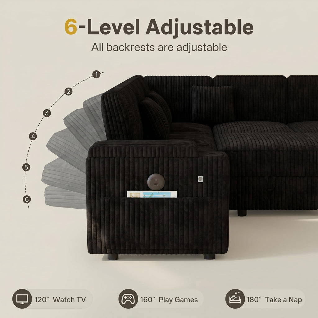 100" Modular Sectional Sleeper Sofa with Pull Out Bed, 7 Seat Corduroy U Shaped Couch with Storage Chaise|Reclining Backrest|Side Table|USB Port, Cloud Sectional Couches for Living Room, Black