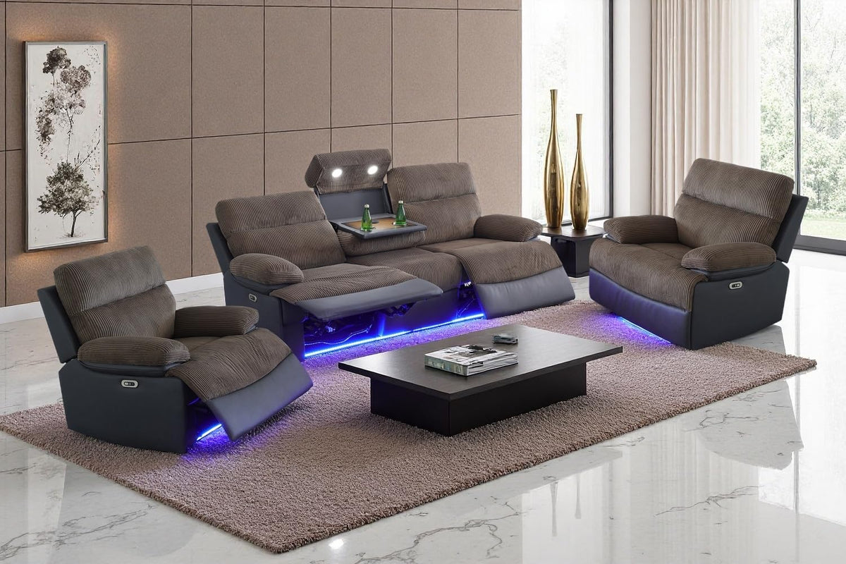 A Ainehome Power Leather Recliner Sofa Set with LED Lights, Recliner Sofa Sectional Couches for Living Room, Reclining Sofa, loveseat, Chair with USB Port/Storage Console/Cup Holder(black,3-piece set)