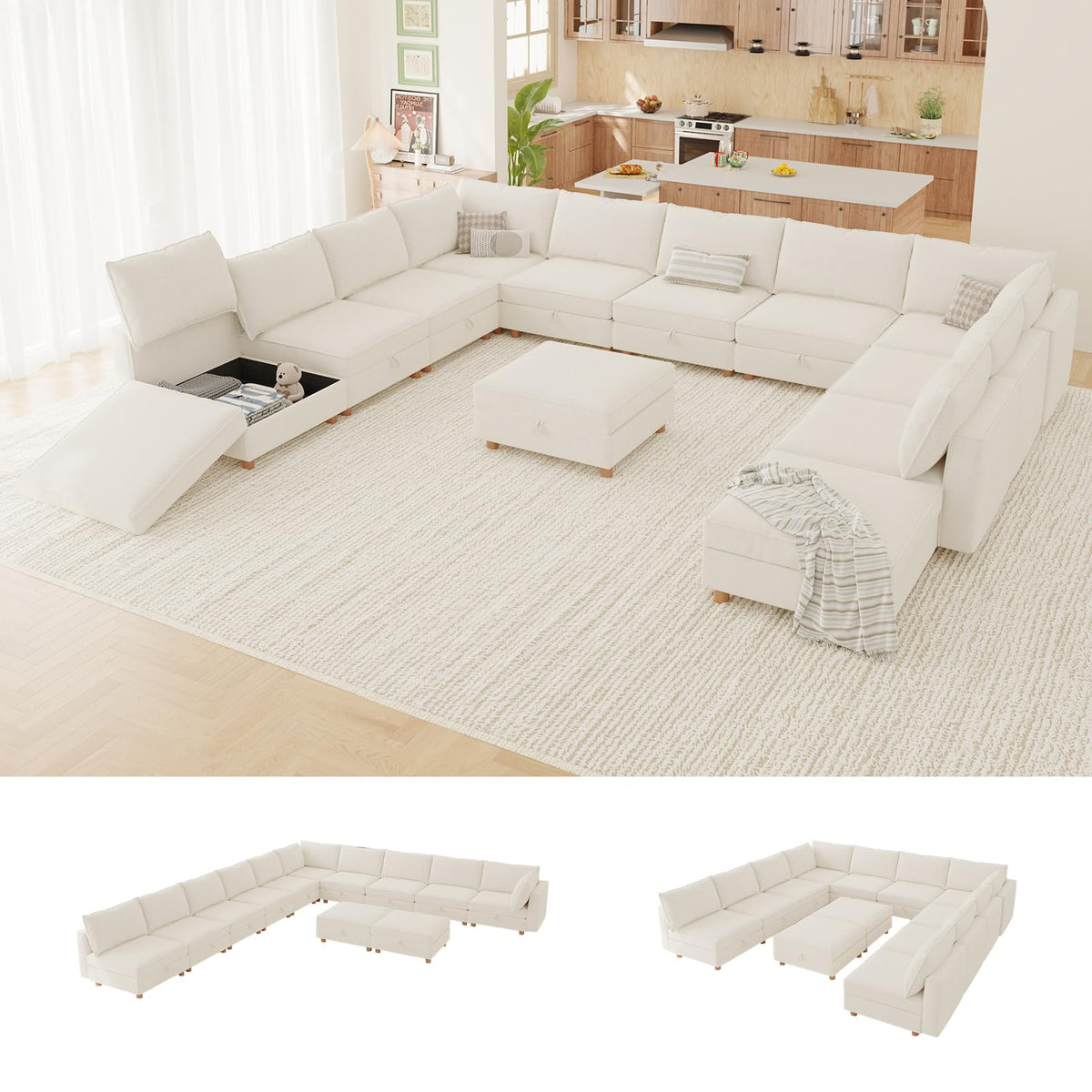 127'' Modular Sectional Sofa,FSC Certified 6 Seater Sectional Sofa,Chenille Couch with Removable Washable Covers,Modern Couch with Ottoman,U Shaped Couch with Storage,Beige Couches for Living Room
