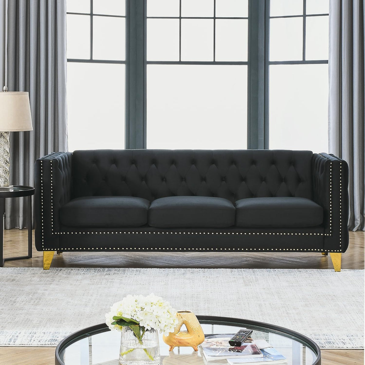 Velvet Sofa for Living Room Black Three-Section Comfort Cozy Modern Bedroom
