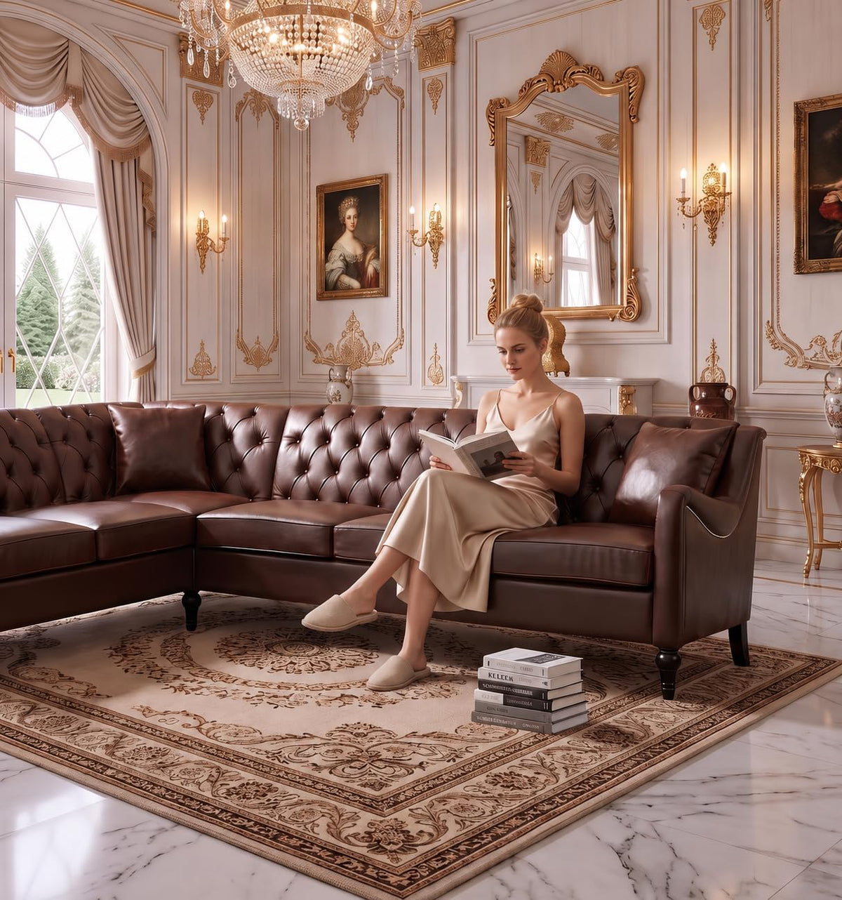 103" Chesterfield Sectional Sofa,Faux Leather Upholstered Couch,Mid-Century Style Oversized 7-Seat Button Tufted Corner Couch with Nailhead Trim,Modern L Shaped Couches for Living Room,Brown