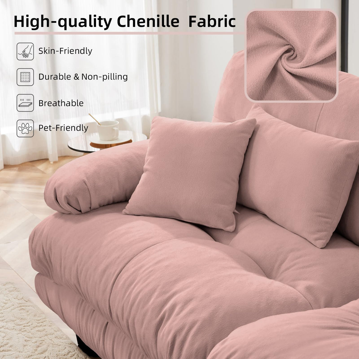 134" Oversized 3 Seater L Shaped Modular Sectional Sofa, Large Sectional Couches for Living Room, Chenille Cloud Couch with Pillows, Living Room Deep Seat Sofas with 3 Seats & 1 Ottoman, Pink