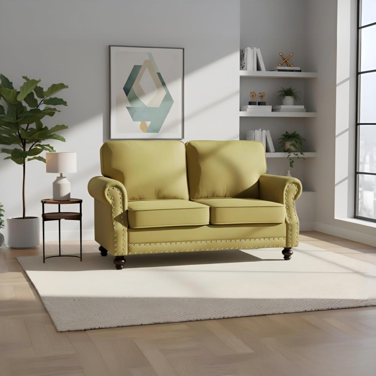 Velvet Sofa Seating with Rolled Arms and Nailhead Trim, Upholstered Living Room Couch, Loveseat or Accent Armchair with Loose Back Cushions, High Density Foam Seats (Green,Couch)