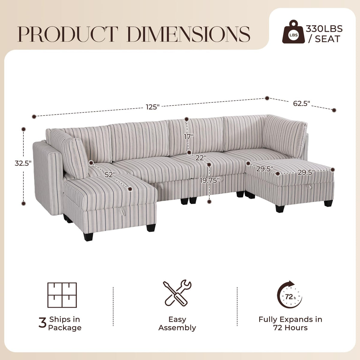 125" Oversized Modular 6 Seater Sofa with Removable Cover and Storage, Convertible U, L-Shaped Sofa, Modern Striped Fabric Couch with Movable Ottoman for Living Room, Apartment