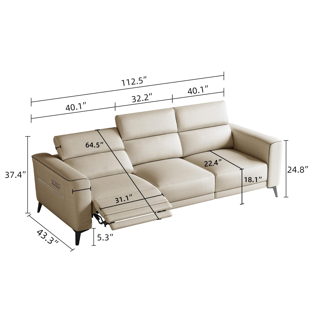 112.5" Beige Dual Motor Reclining Sofa Leather Living Room