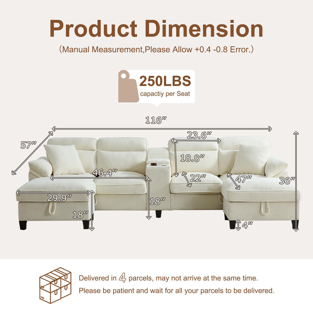 116 Inch Sofa Couch,Sectional Couches for Living Room with 2 Cup Holders,Corduroy Modular Sectional Sofa with Movable and Storable Ottoman.（Beige）