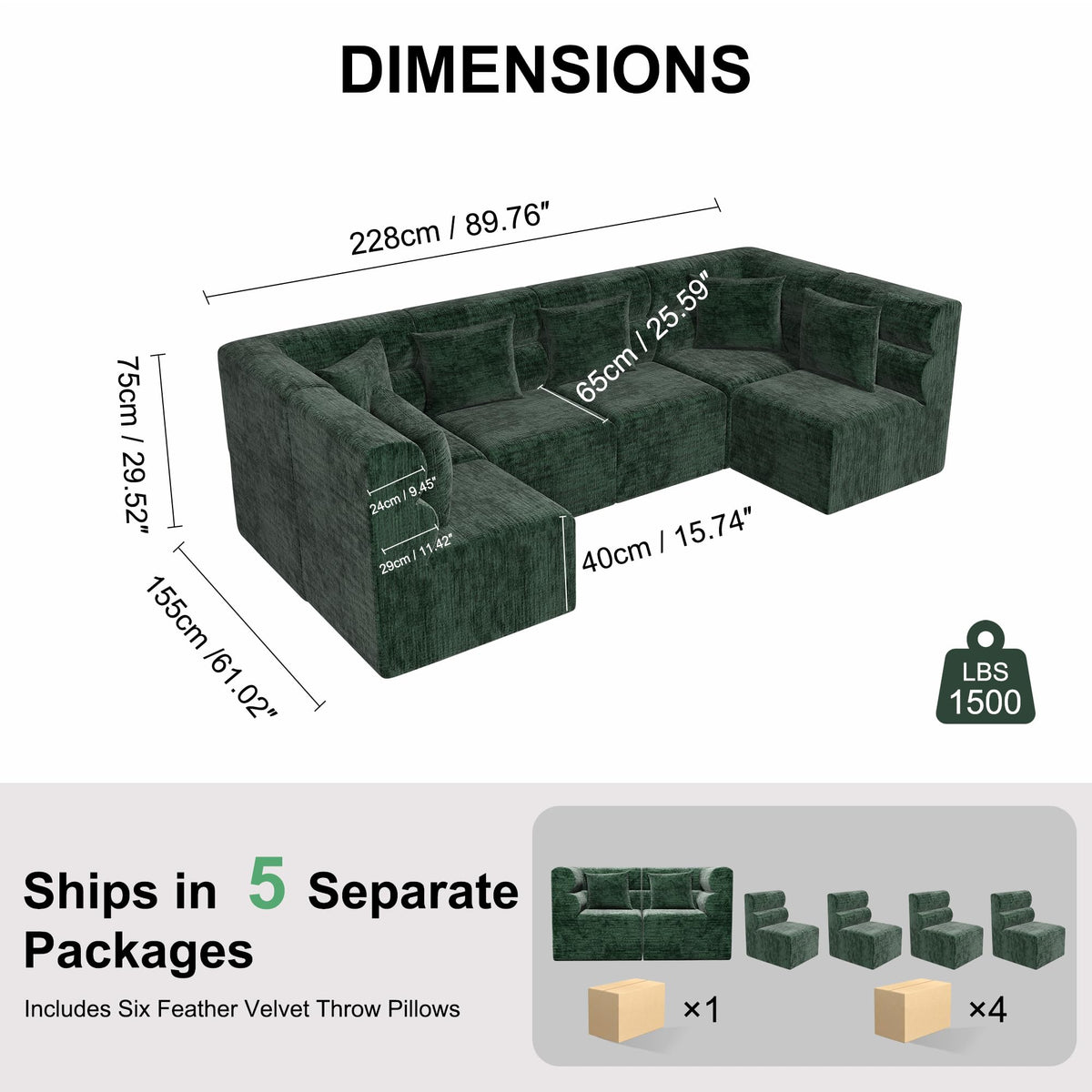113.38" Modular Sectional Sofa, No Assembly Required Cloud Couch with Deep Seat & Chaise, Modern L-Shaped Boneless Sofa in a Box for Living Room, Apartment, Deep Turquoise Green