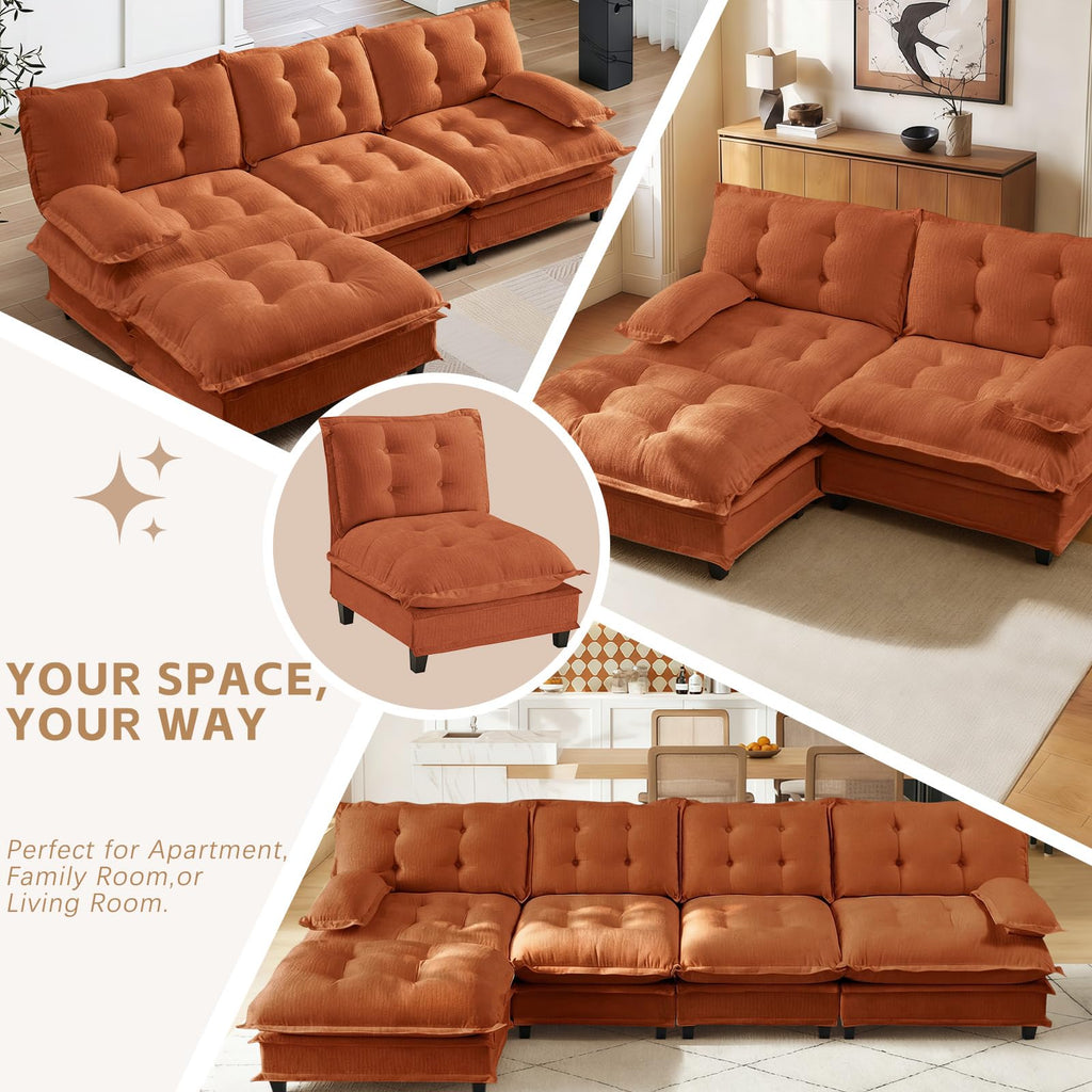 107.5" Modular Sectional Sofa-Chenille Deep 3 Seater L-Shaped Cloud Couch with Ottoman, Button Seat Cushions for Living Room & Apartment, Orange