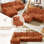 107.5" Modular Sectional Sofa-Chenille Deep 3 Seater L-Shaped Cloud Couch with Ottoman, Button Seat Cushions for Living Room & Apartment, Orange