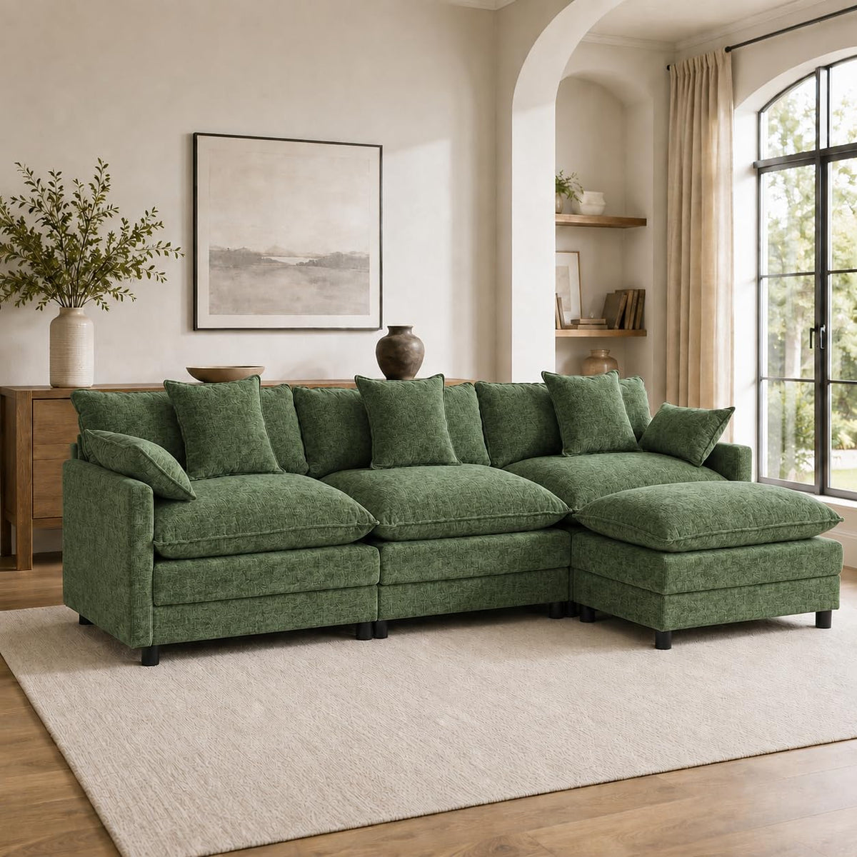108" Modular Sectional Sofa with Ottoman, Chenille, Green