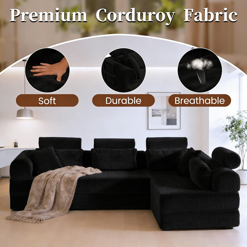 106" Convertible Sleeper Sectional Sofa Bed, 4-in-1 Corduroy Boneless Couch with Fixed-Shape Frame, Modular L-Shaped Sofa with Pillows, Fold Out Floor Sofa for Living Room Apartment (Black)