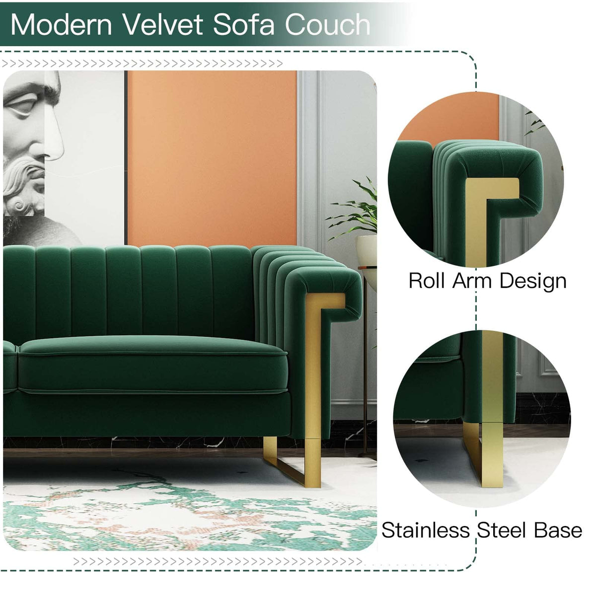 Tomkate 84" Chesterfield Sofa, Modern Velvet 3-Seater Couch with Gold Metal Legs & Removable Cushions, Upholstered Comfy Sofa with Stainless Steel Base for Living Room, Bedroom, Office (Green)