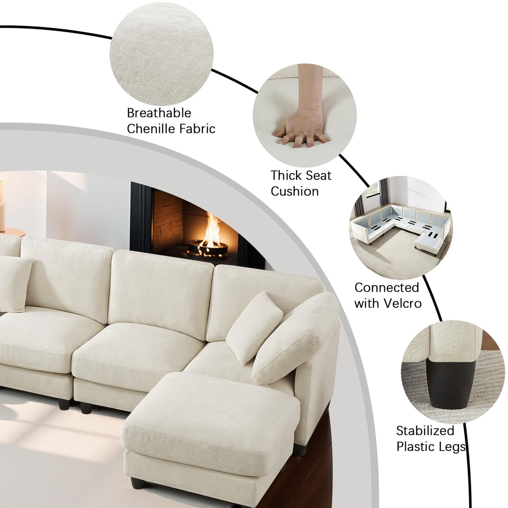 121'' 7-Seater Modular Sectional Upholstered Couches, Chenille Cloud Couch with Movable Ottoman,L/U-Shape Modern Sofa for Living Room,Beige