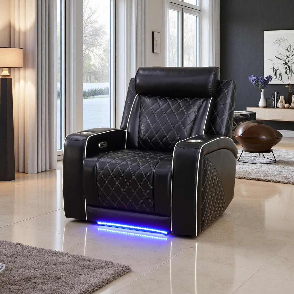 A Ainehome Power Leather Recliner Sofa Set with LED Lights, Recliner Sofa Sectional Couches for Living Room, Reclining Sofa, loveseat, Chair with USB Port/Storage Console/Cup Holder(black,3-piece set)