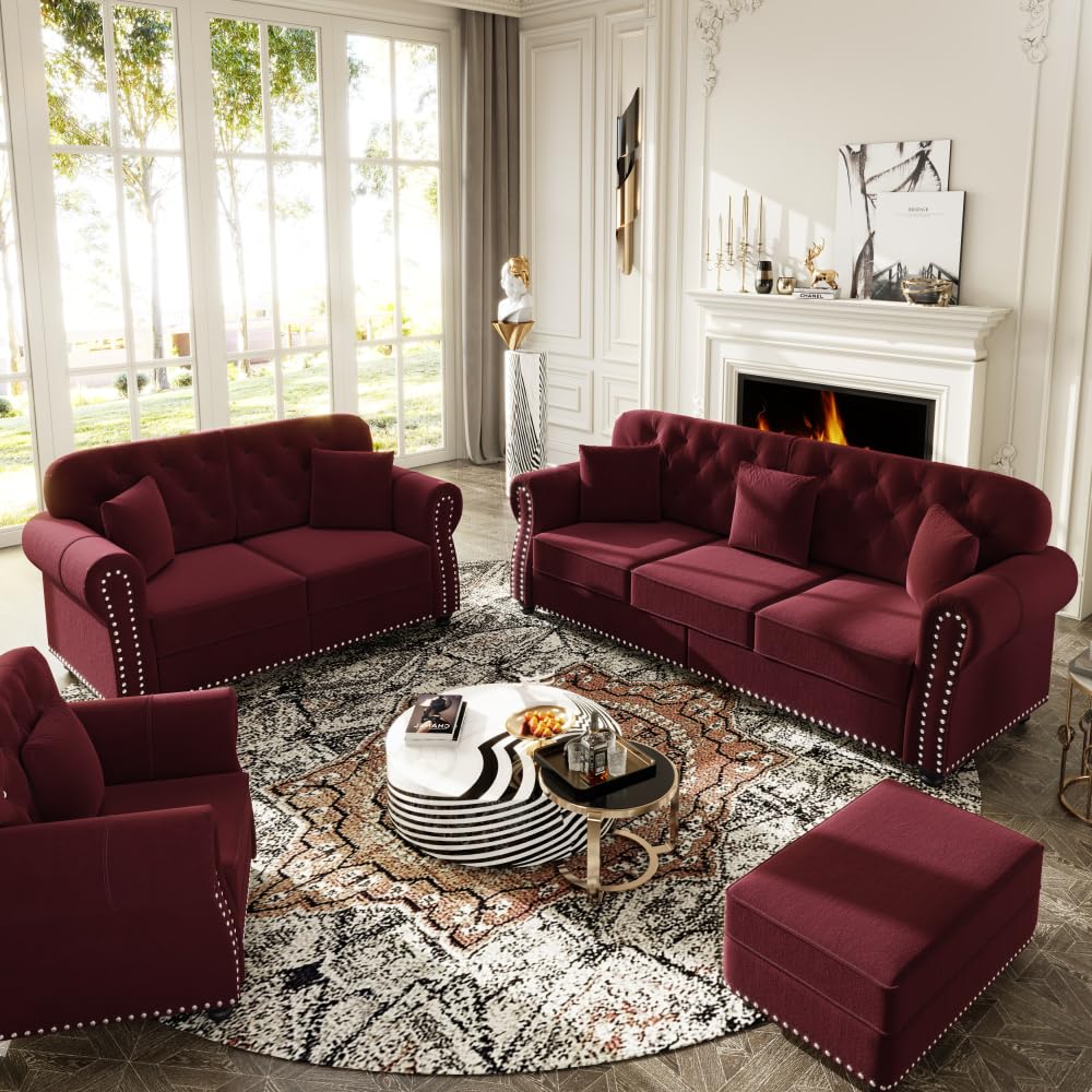 ZOEDO Upholstered Velvet Sofa with Nailhead Trim and Rolled Armrests,Mid-Century Modern Chesterfield Sofa with Button Tufted,Includes 1 Ottoman,Burgundy