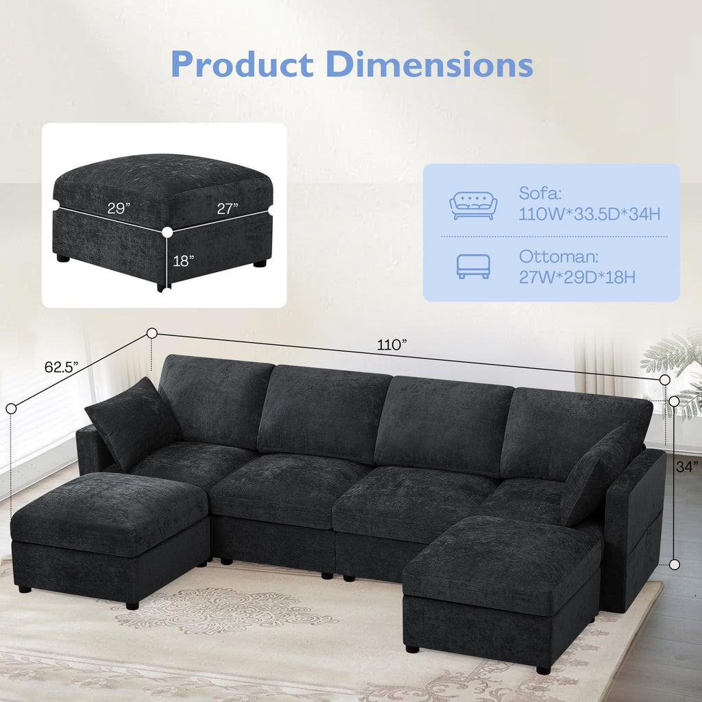 110" Chenille 4 Seats Couch with 2 Ottomans, Black