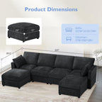 110" Chenille 4 Seats Couch with 2 Ottomans, Black