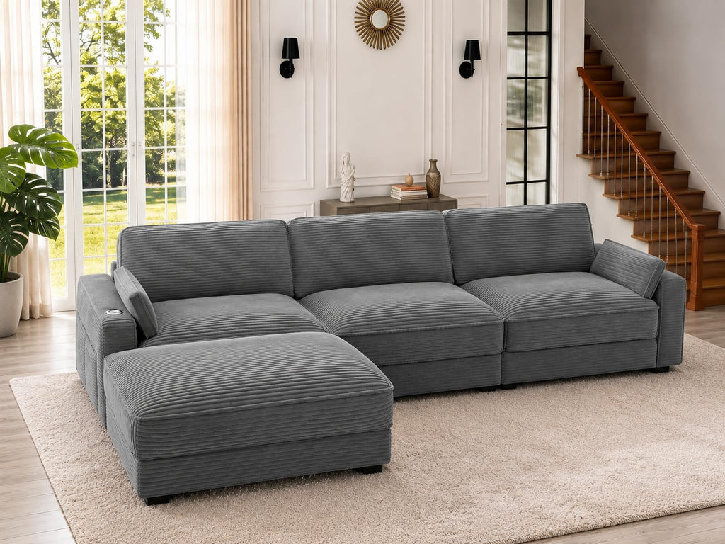 Vipbear 120" Modular Sectional L Shaped Sofa Couches for Living Room,3 Seat with 1 Movable Ottoman,Comfy Corduroy Sofa with USB Port,Side Pocket,Pillow,Green