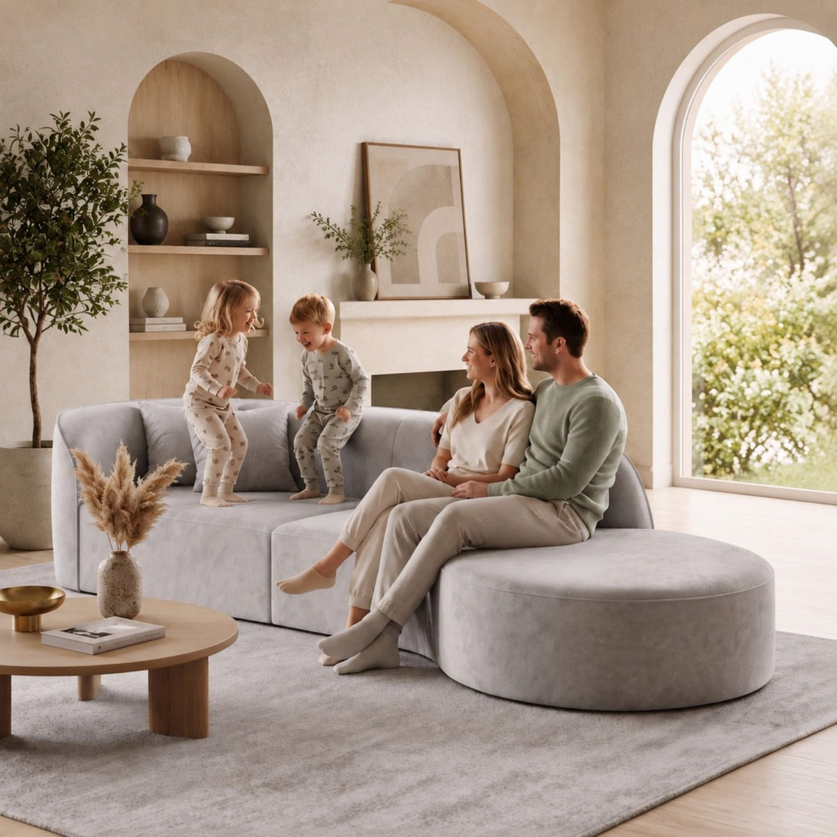 133.8" Oversized Curved Sectional Sofa, Ivory White, Left Chaise