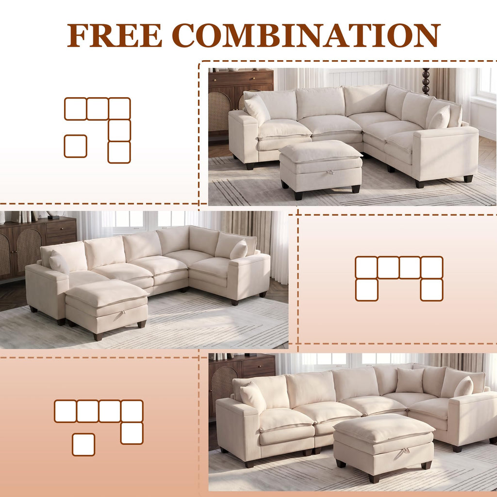 V Shaped Modular Sectional Couch with Storage Ottoman, Beige